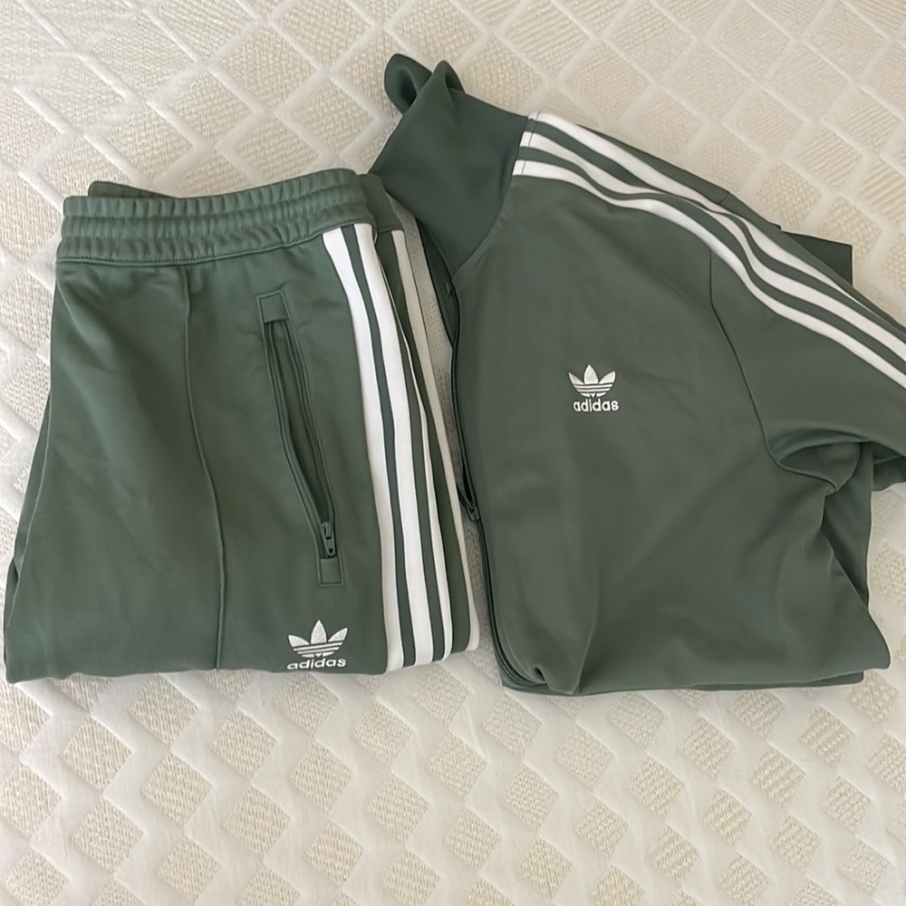 Adidas Track Suit. Size Large jacket. Size Medium Pants. Sage Green.